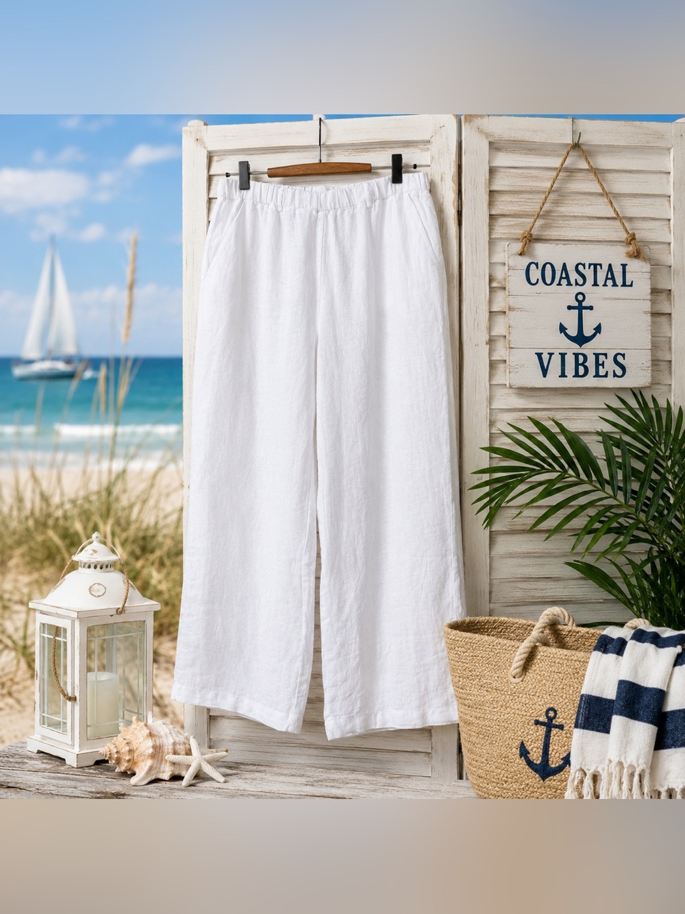Quince 100% European Linen White Pants L NWOT Elastic Waist Wide Leg Beach - Picture 4 of 13